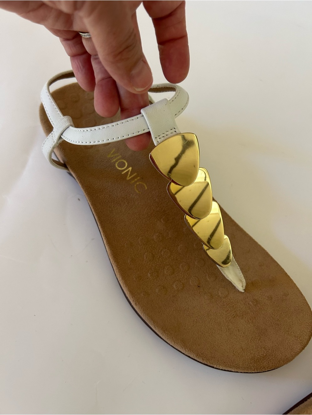 NEW White Women's T-Strap leather Sandals with Gold Accent - Picture 3 of 14